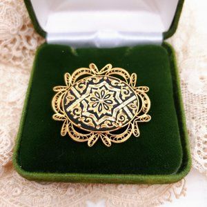 Vintage Damascene Filigree Brooch, Gold Tone Pin
